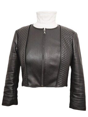BCBGMAXAZRIA Vegan Leather Crop Jacket Sz Lg Black Lined Quilted Zip